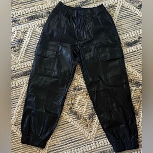 Madden NYC Black Faux Leather Cargo Jogger Pants
